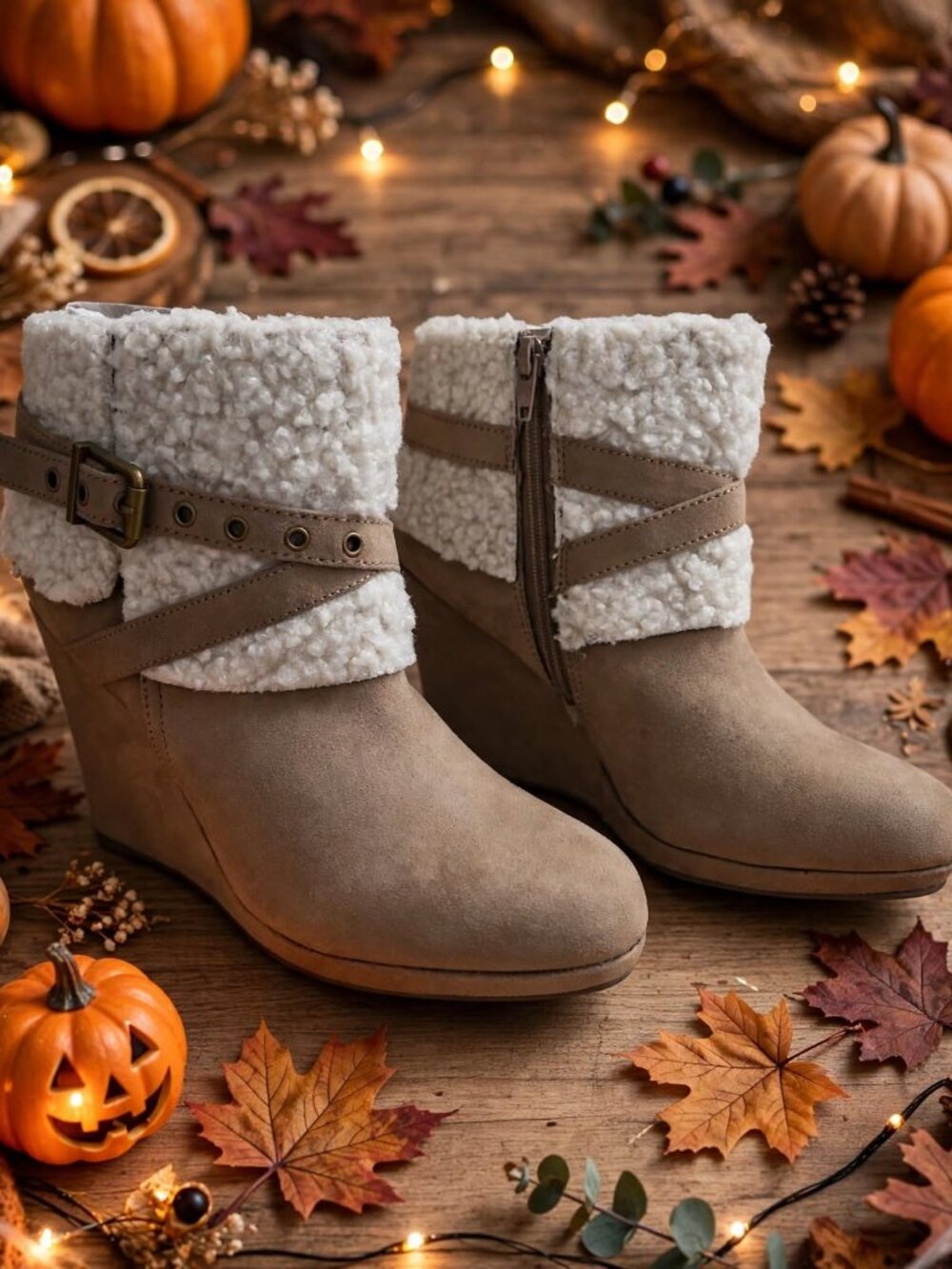 Jacobia Jacobia Cozy Shearling Cuff Wedge Boots Size 9 Fall Winter Suede